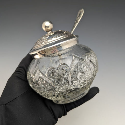 British antique cut glass jam pot silver plate lid & spoon